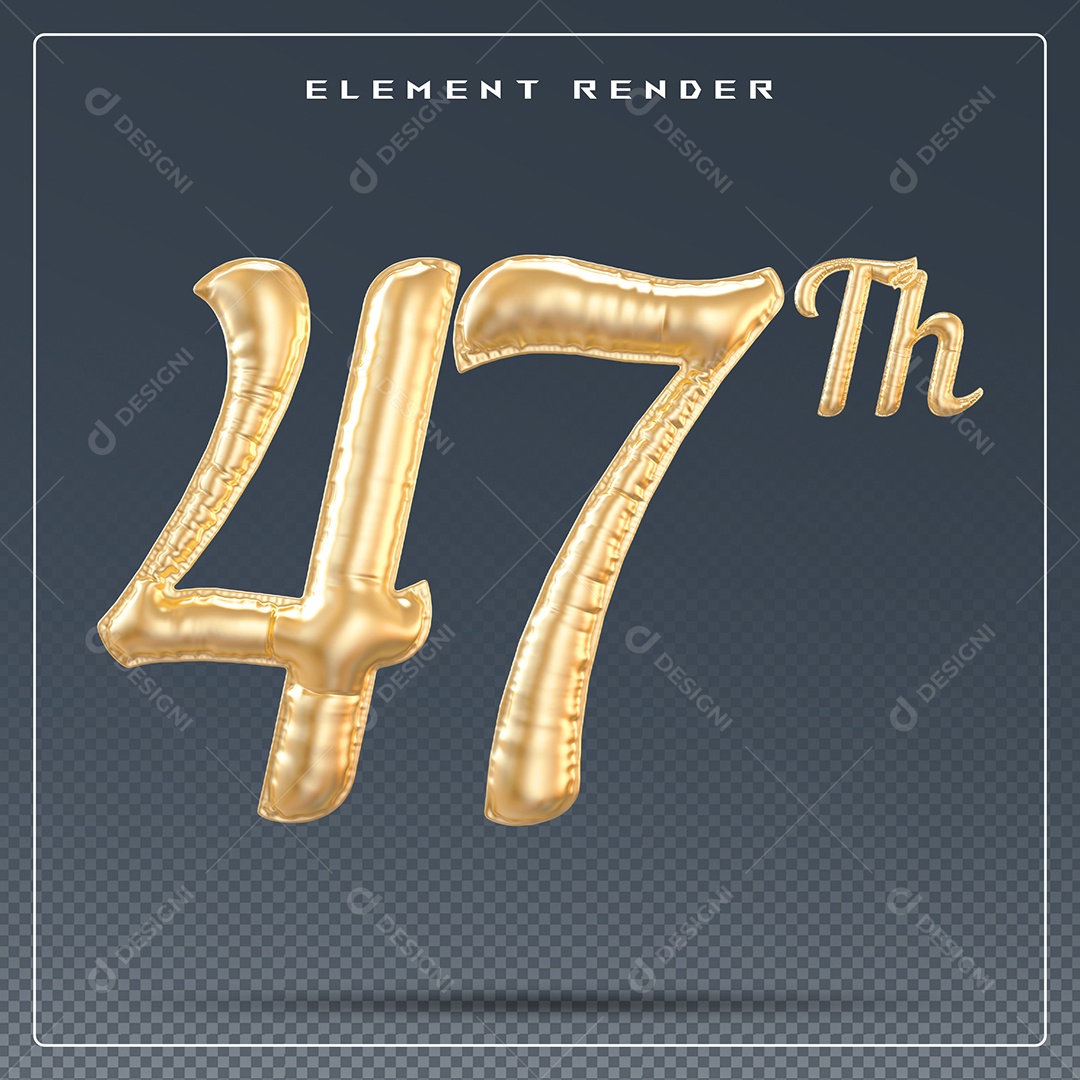Elemento 3D Número 47 Th Dourado para Composição PSD