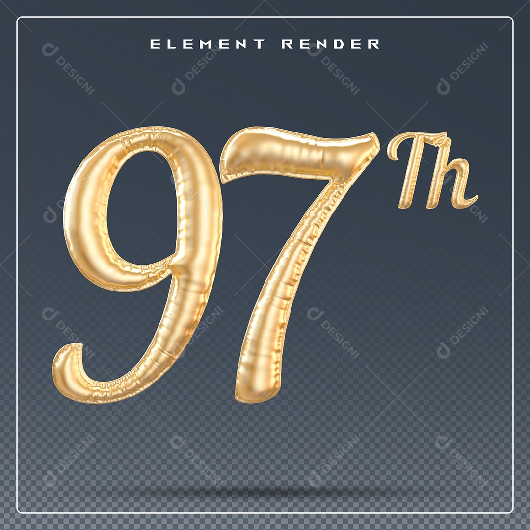 Elemento 3D Número 97 Th Dourado para Composição PSD
