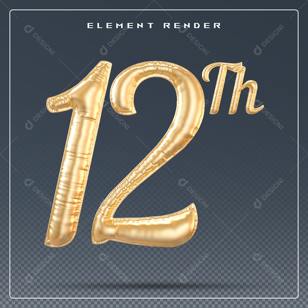 Elemento 3D Número 12 Th Dourado para Composição PSD