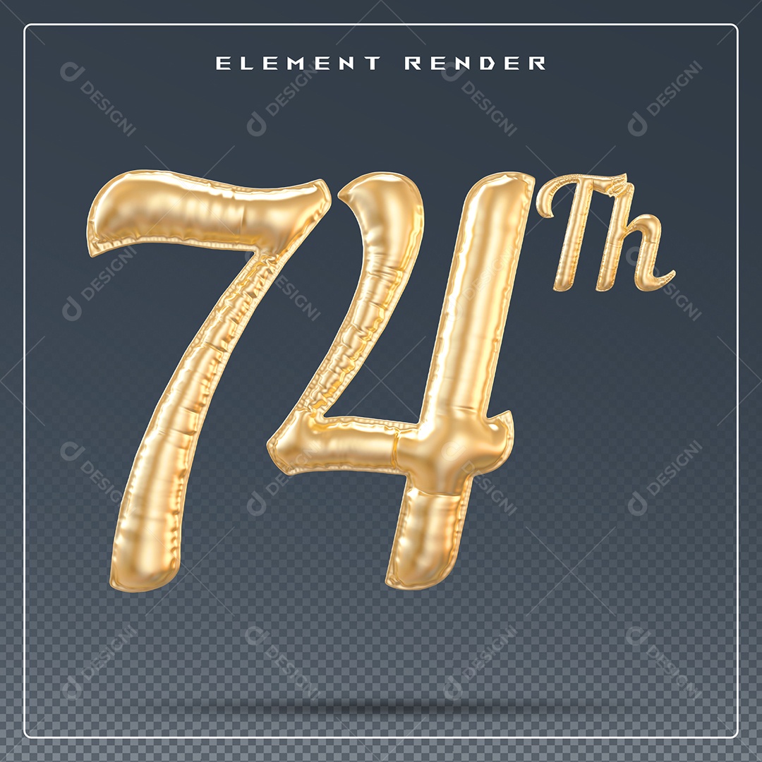 Elemento 3D Número 74 Th Dourado para Composição PSD