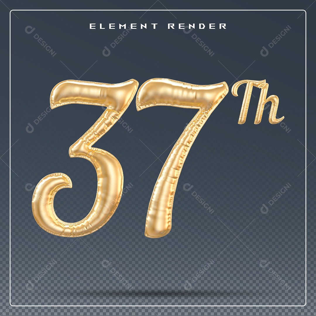 Elemento 3D Número 37 Th Dourado para Composição PSD