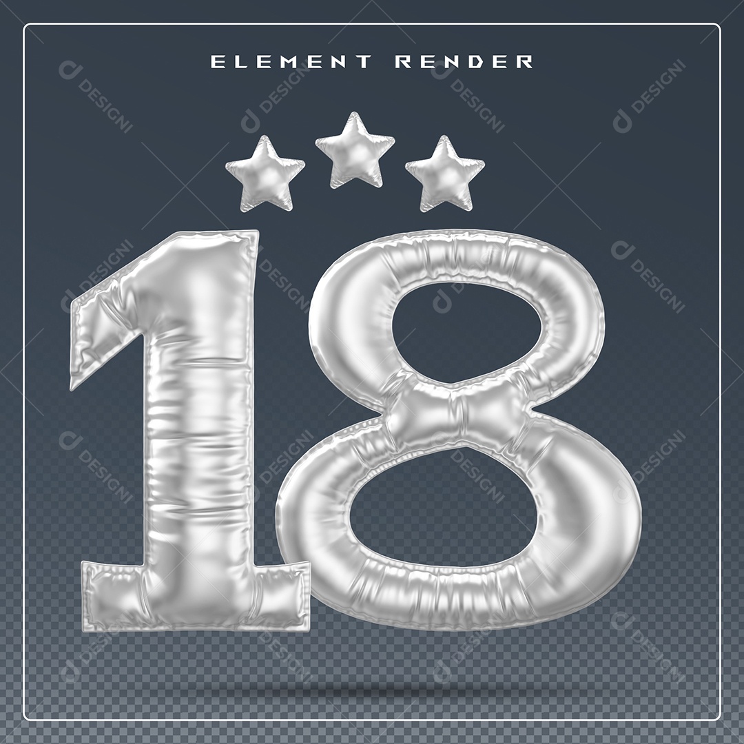 Elemento 3D Número 18 Cinza para Composição PSD