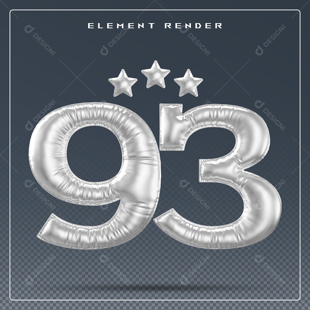 Elemento 3D Número 93 Cinza para Composição PSD