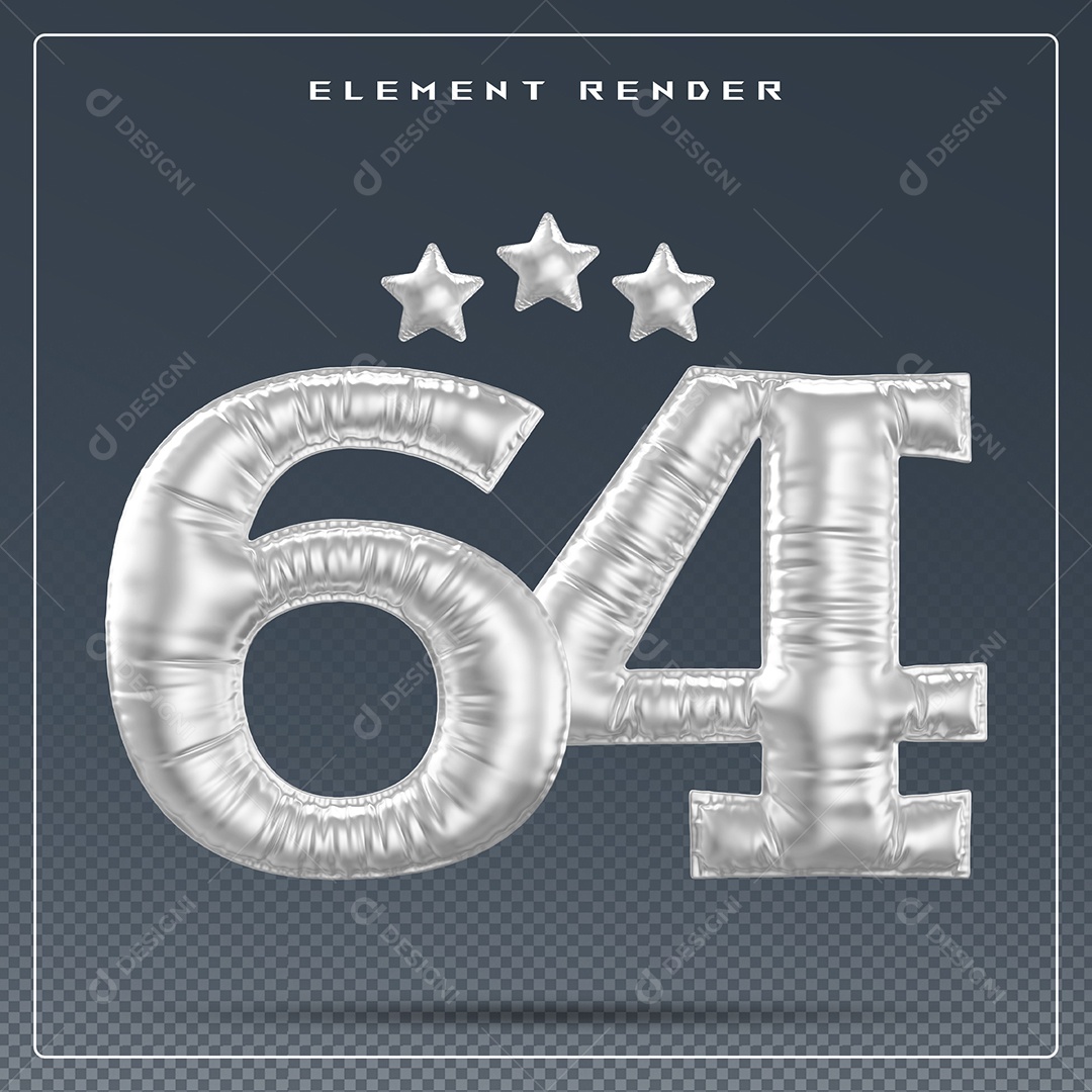 Elemento 3D Número 64 Cinza para Composição PSD