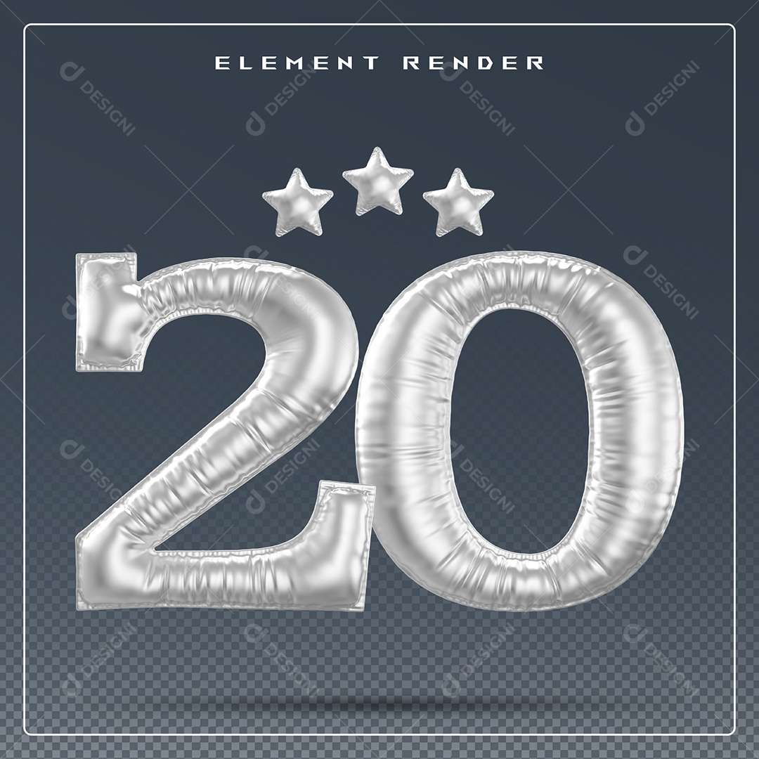Elemento 3D Número 20 Cinza para Composição PSD