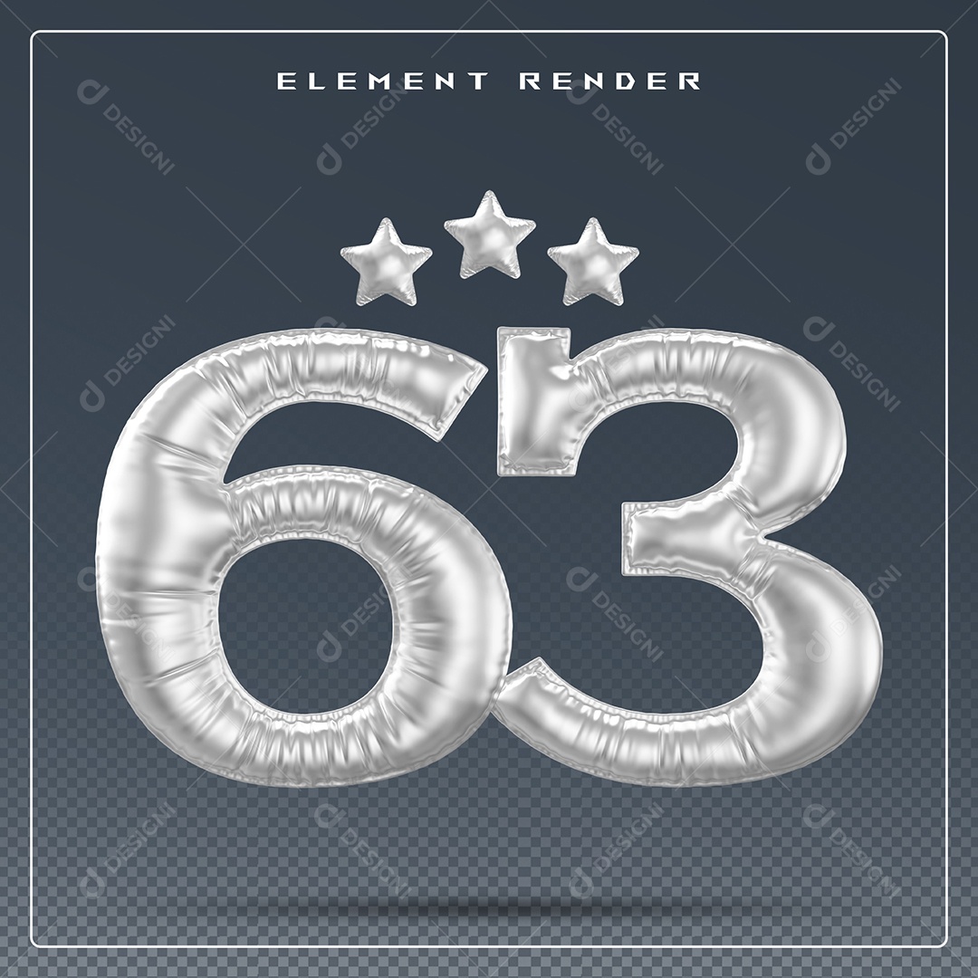 Elemento 3D Número 63 Cinza para Composição PSD