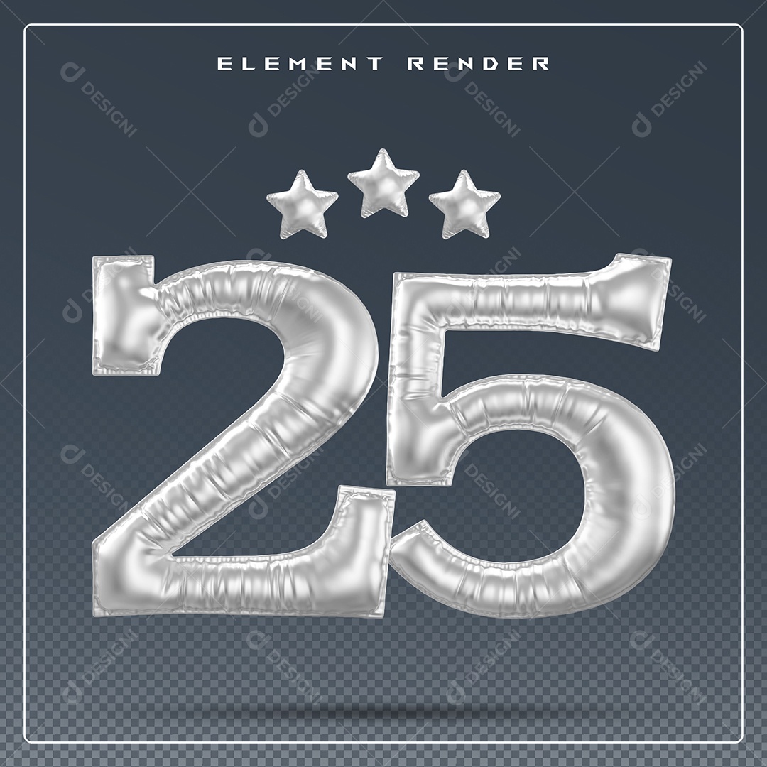 Elemento 3D Número 25 Cinza para Composição PSD