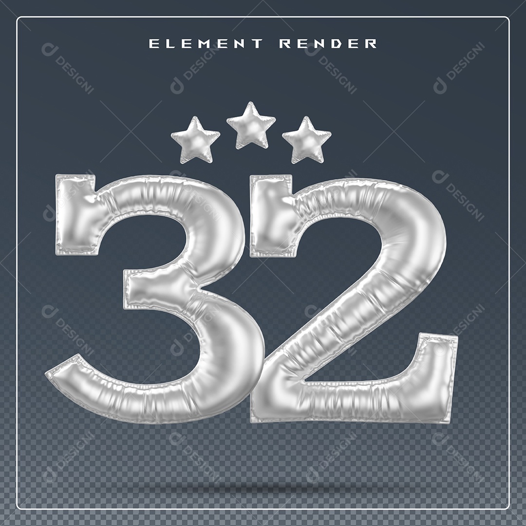 Elemento 3D Número 32 Cinza para Composição PSD