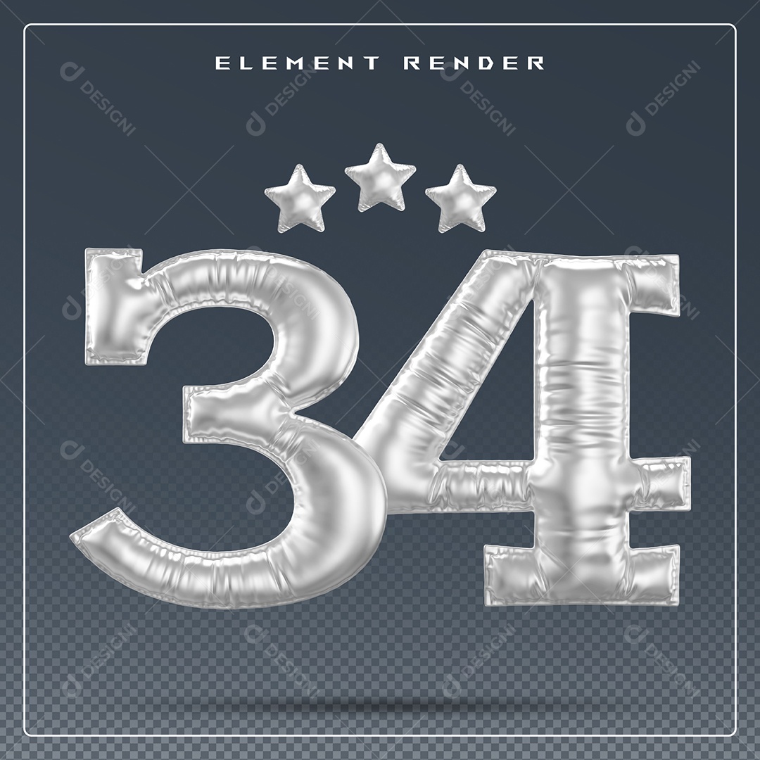 Elemento 3D Número 34 Cinza para Composição PSD