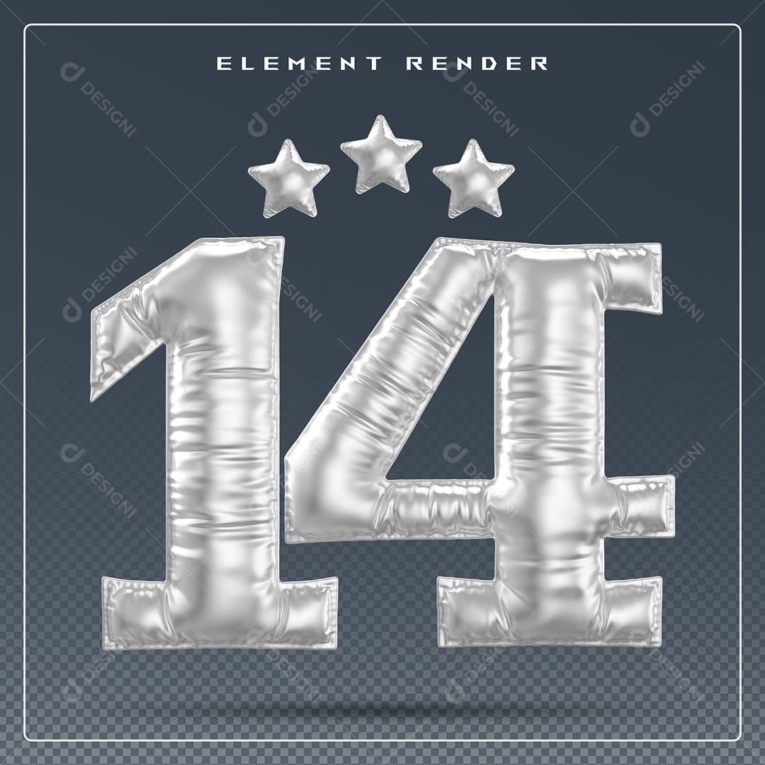 Elemento 3D Número 14 Cinza para Composição PSD