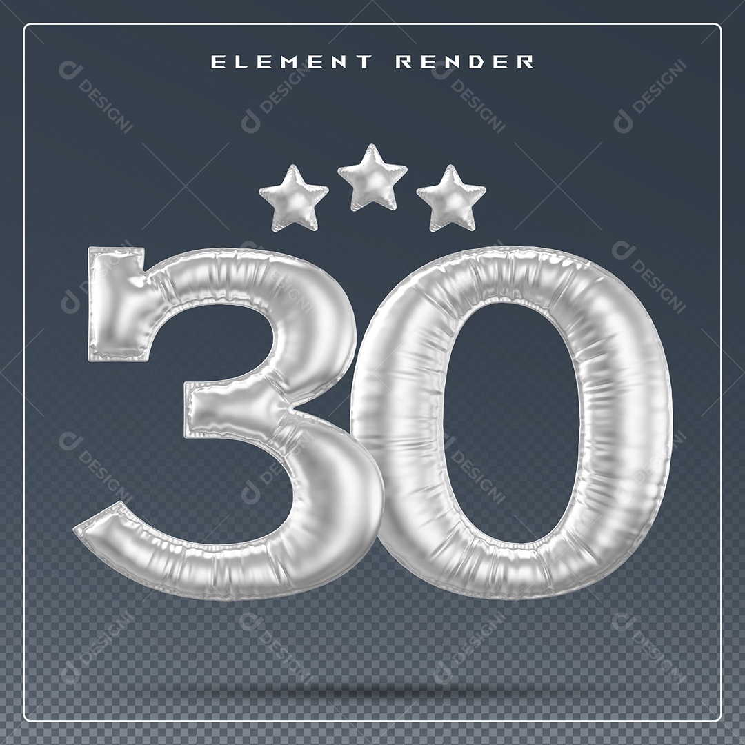 Elemento 3D Número 30 Cinza para Composição PSD