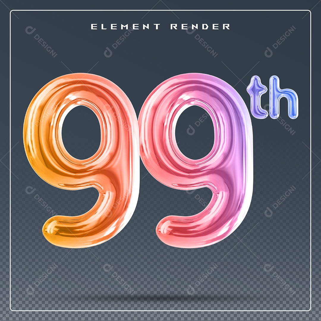 Elemento 3D Número 99 Th Colorido para Composição PSD