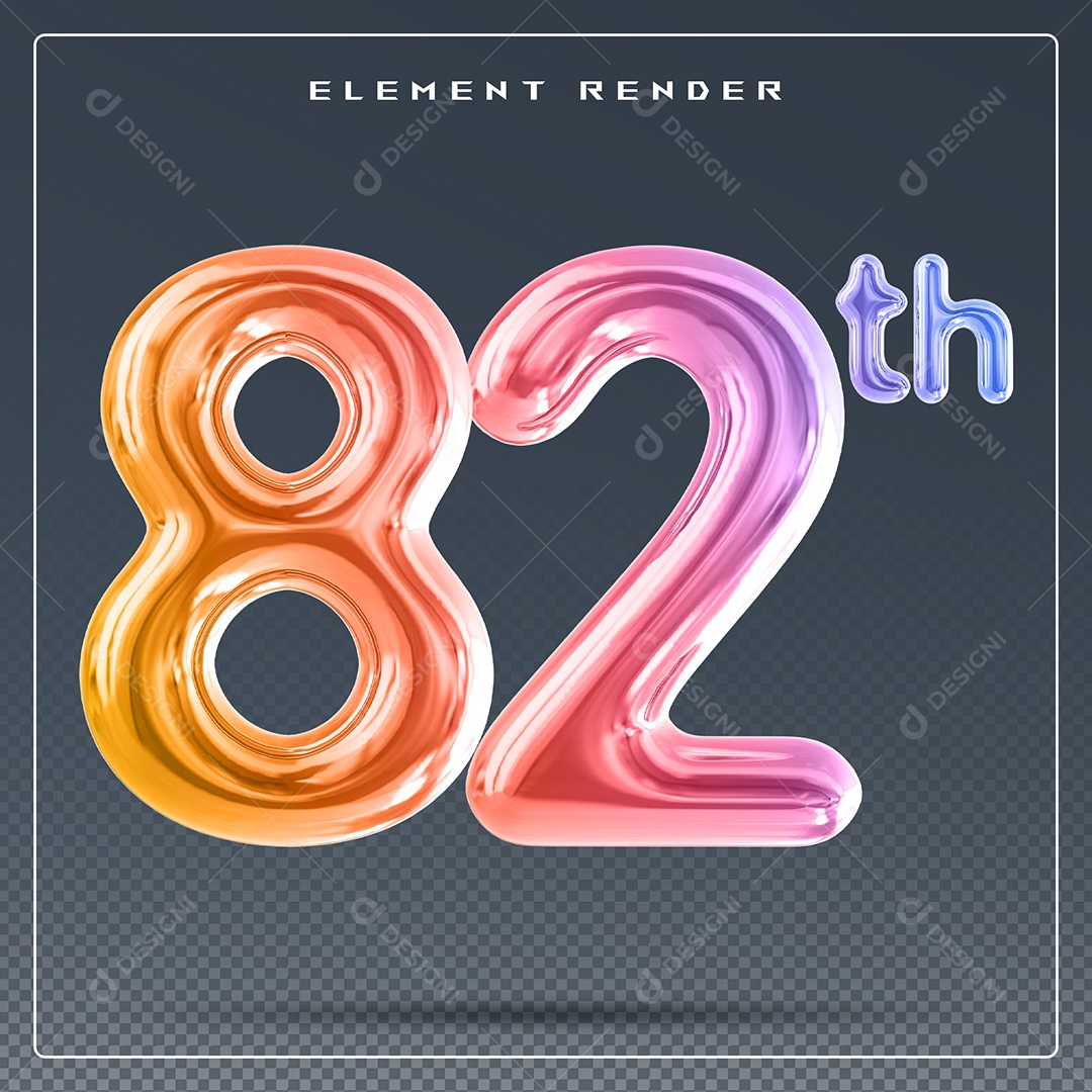 Elemento 3D Número 82 Th Colorido para Composição PSD