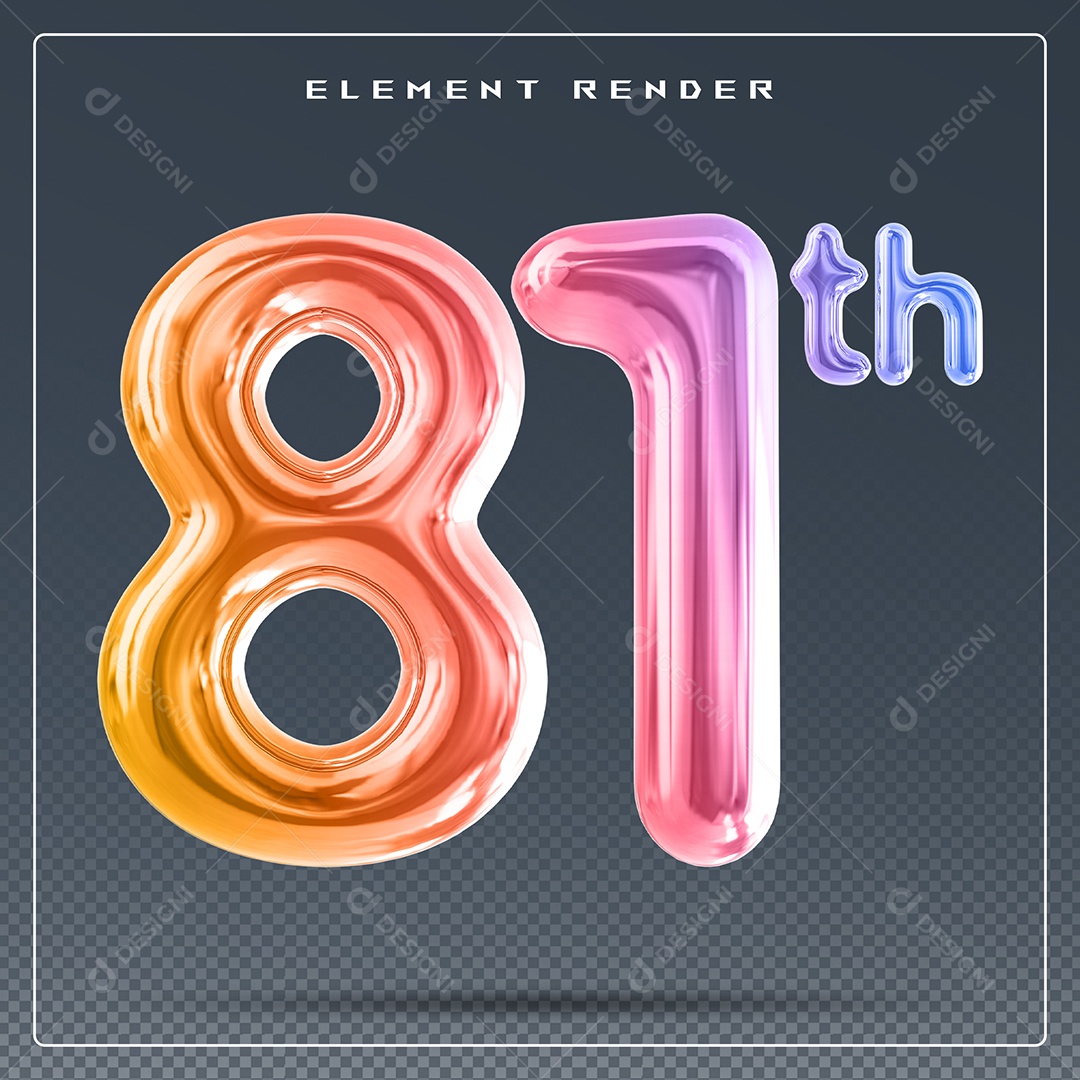 Elemento 3D Número 81 Th Colorido para Composição PSD