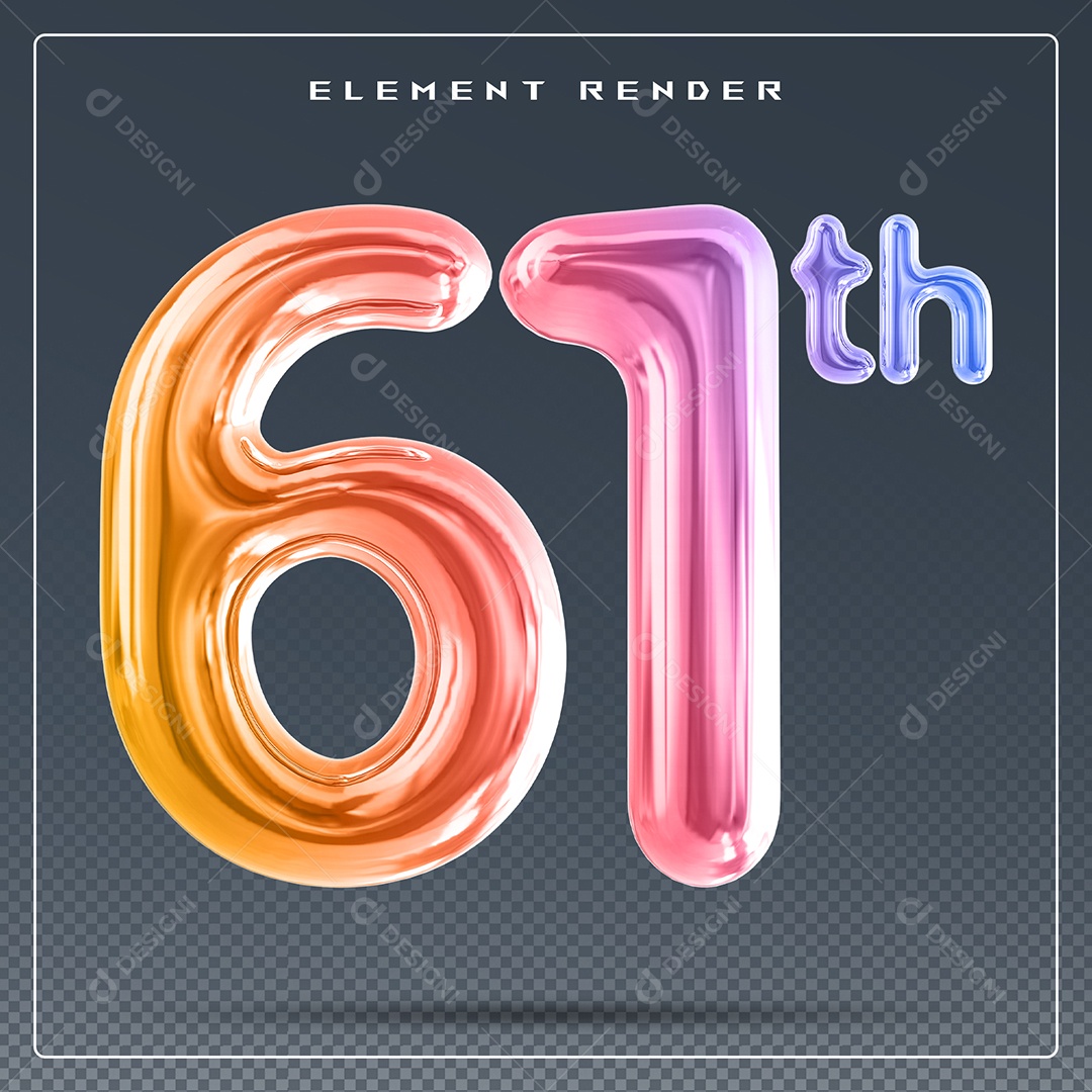 Elemento 3D Número 61 Th Colorido para Composição PSD