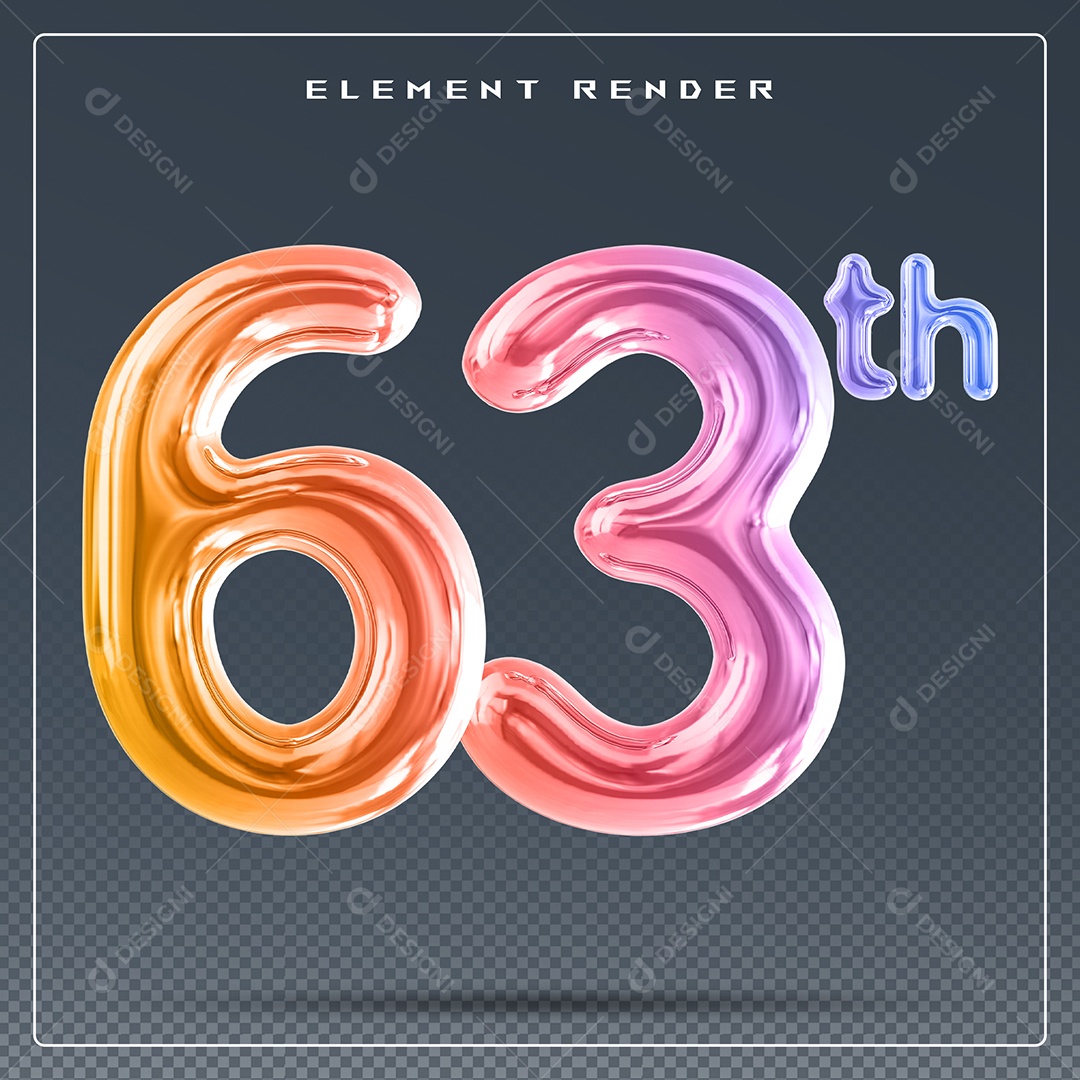 Elemento 3D Número 63 Th Colorido para Composição PSD