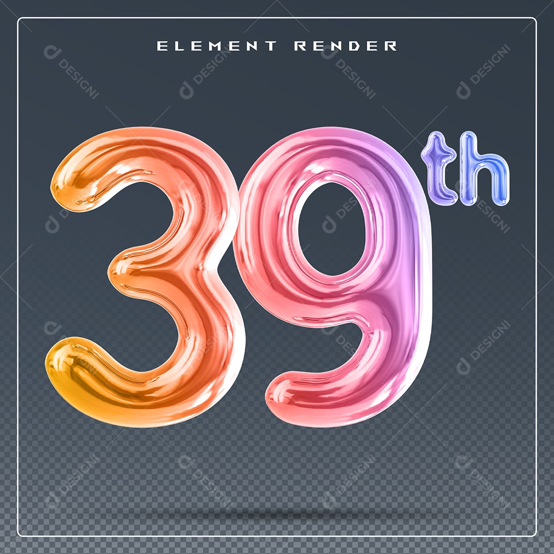 Elemento 3D Número 39 Th Colorido para Composição PSD