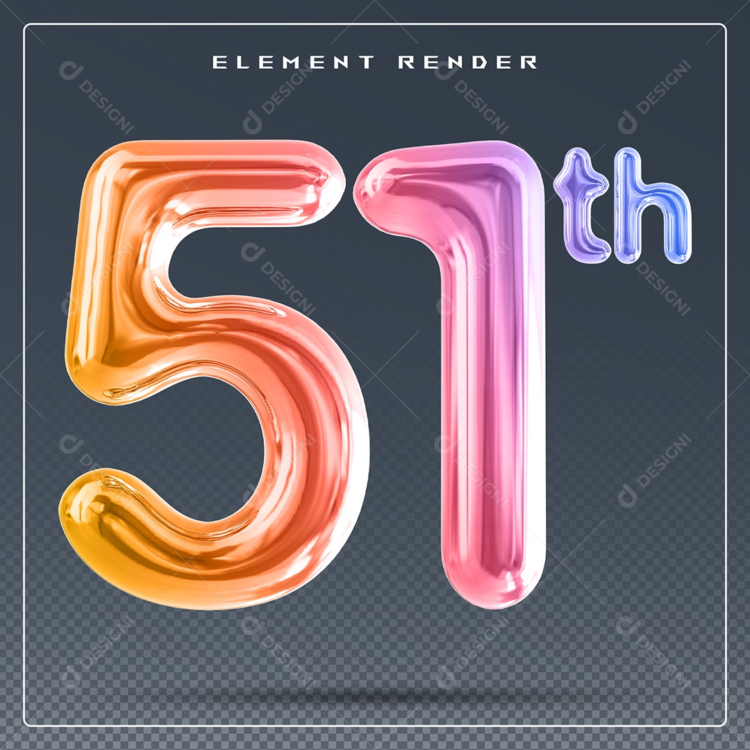 Elemento 3D Número 51 Th Colorido para Composição PSD