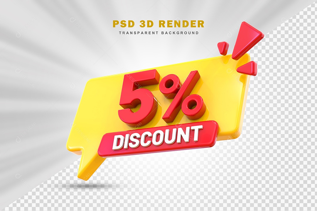 Elemento 3D Número 5% de Desconto Amarelo e Vermelho Para Composição PSD