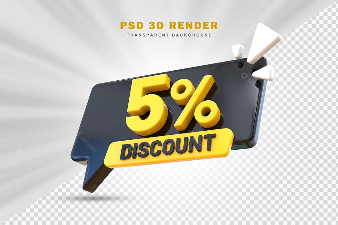 Elemento 3D Número 5% de Desconto Preto e Amarelo Para Composição PSD