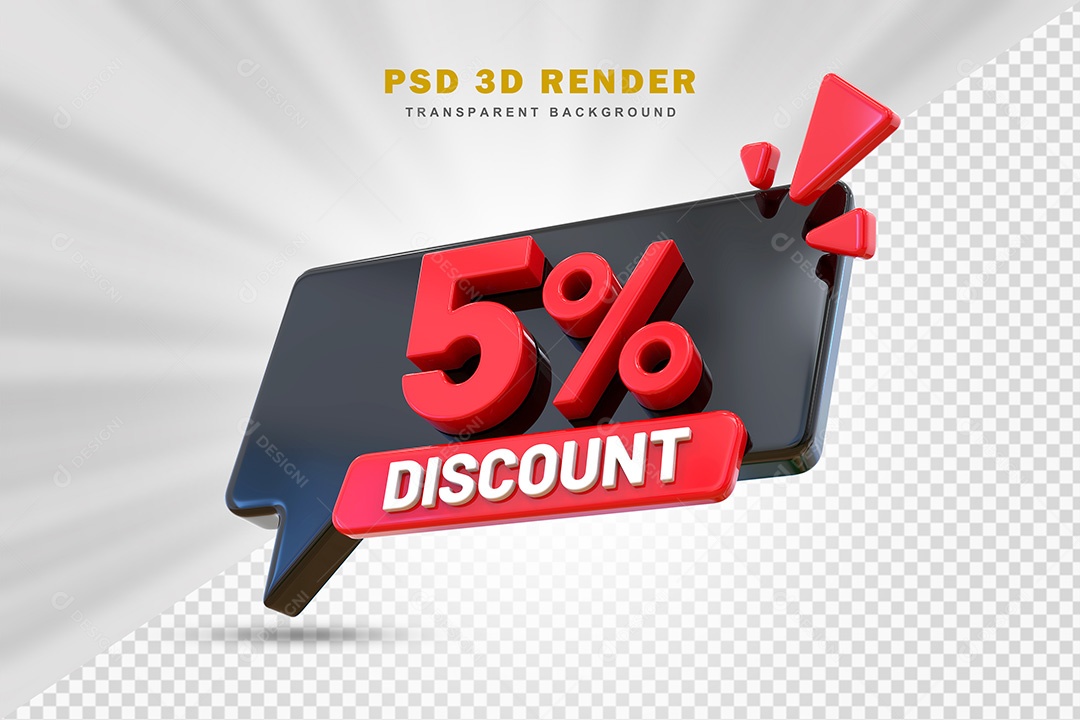 Elemento 3D Número 5% de Desconto Preto e Vermelho Para Composição PSD