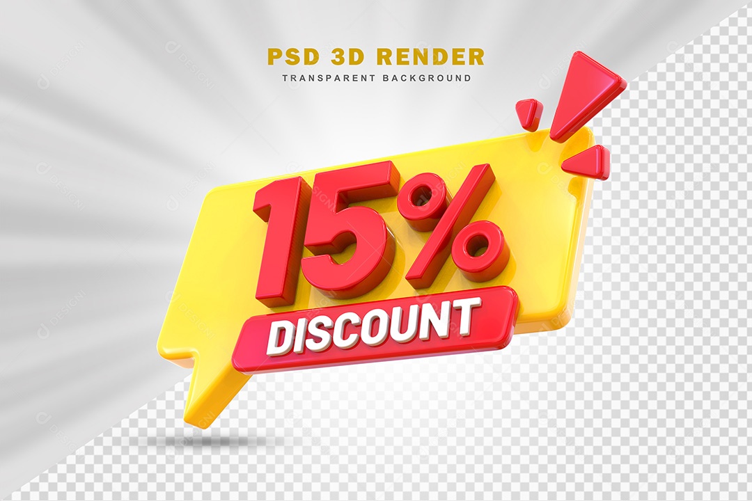 Elemento 3D Número 15% de Desconto Amarelo e Vermelho Para Composição PSD