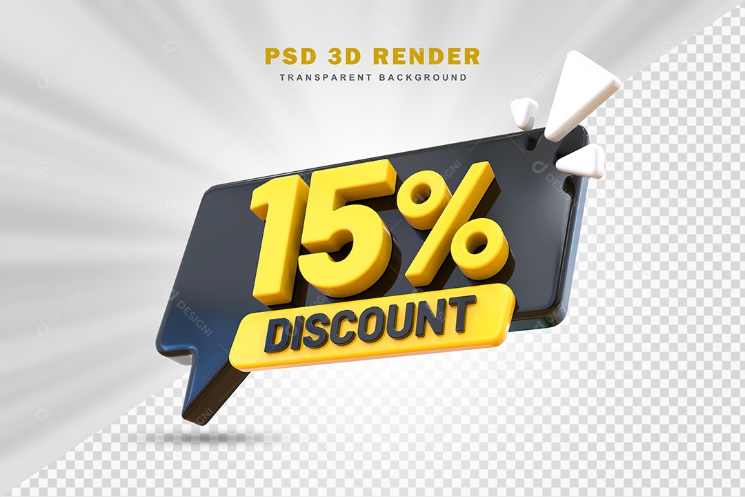 Elemento 3D Número 15% de Desconto Preto e Amarelo Para Composição PSD
