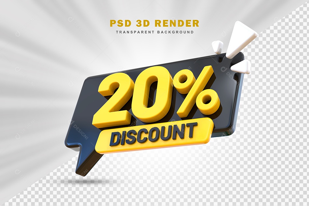 Elemento 3D Número 20% de Desconto Preto e Amarelo Para Composição PSD