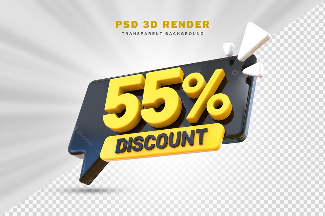 Elemento 3D Número 55% de Desconto Preto e Amarelo Para Composição PSD