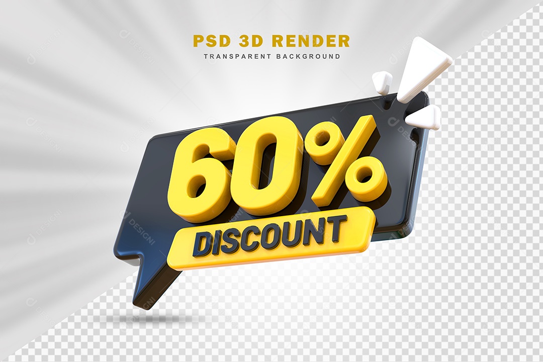 Elemento 3D Número 60% de Desconto Preto e Amarelo Para Composição PSD