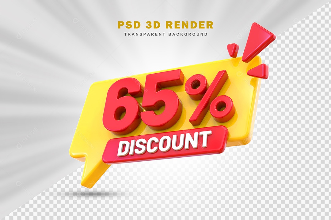 Elemento 3D Número 65% de Desconto Amarelo e Vermelho Para Composição PSD