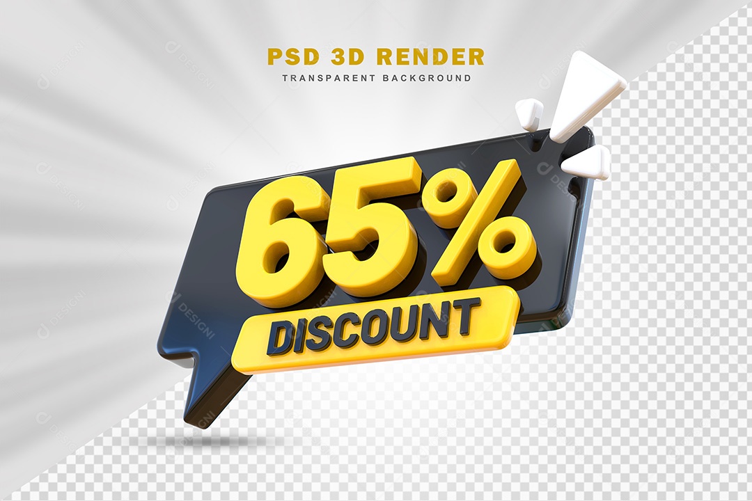 Elemento 3D Número 65% de Desconto Preto e Amarelo Para Composição PSD