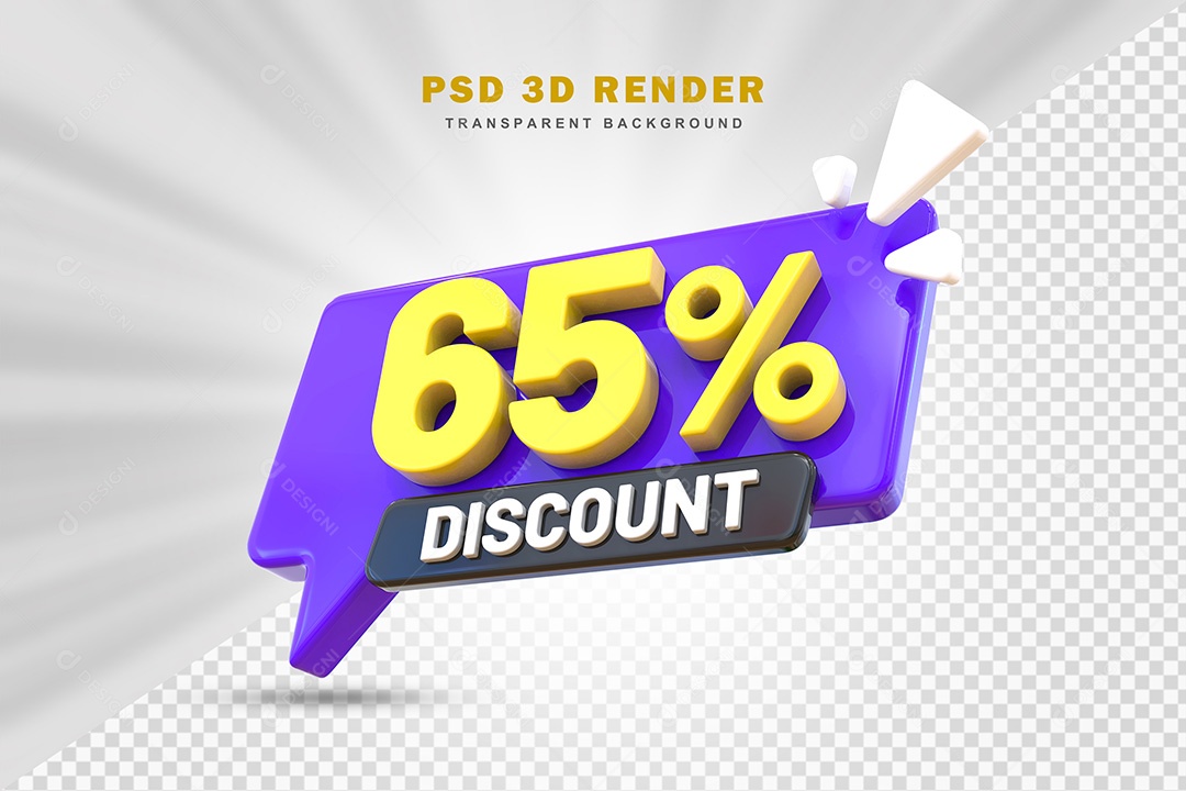Elemento 3D Número 65% de Desconto Roxo e Amarelo Para Composição PSD
