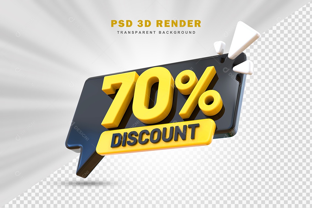 Elemento 3D Número 70% de Desconto Preto e Amarelo Para Composição PSD