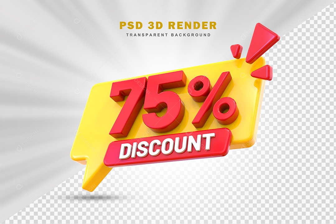 Elemento 3D Número 75% de Desconto Amarelo e Vermelho Para Composição PSD