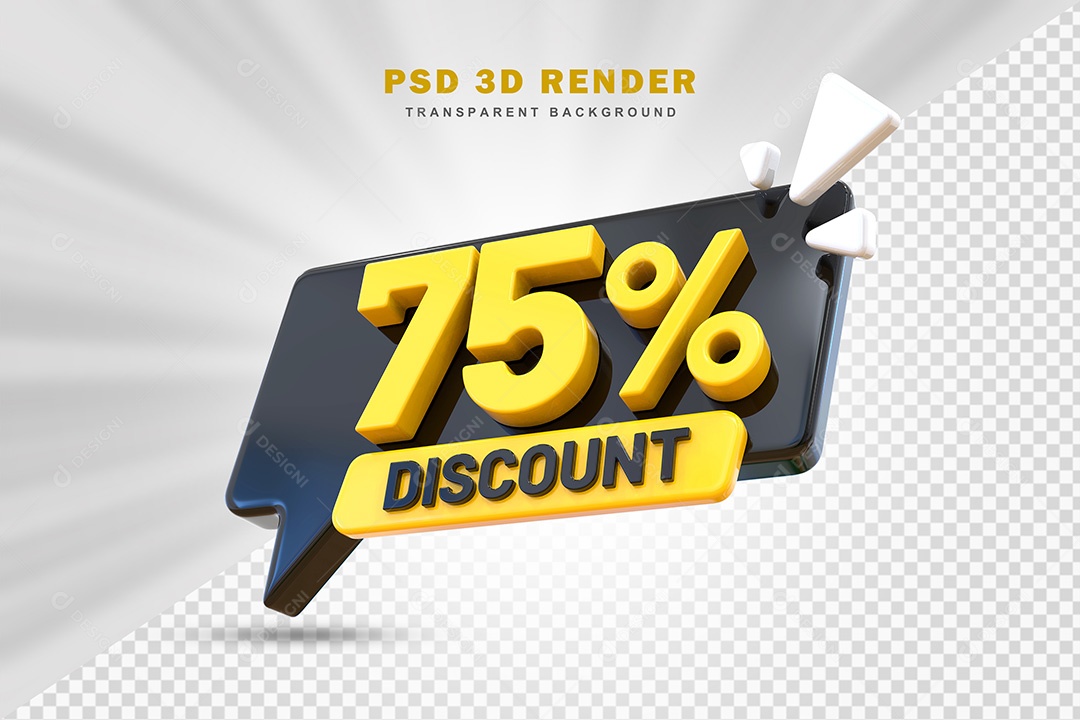 Elemento 3D Número 75% de Desconto Preto e Amarelo Para Composição PSD