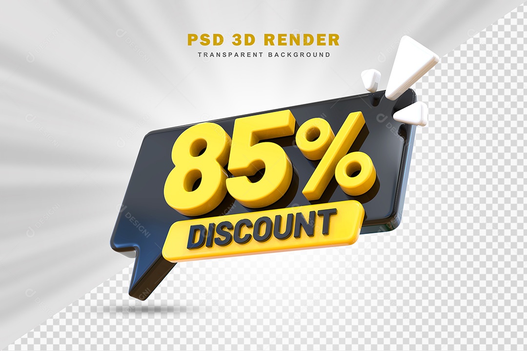 Elemento 3D Número 85% de Desconto Preto e Amarelo Para Composição PSD