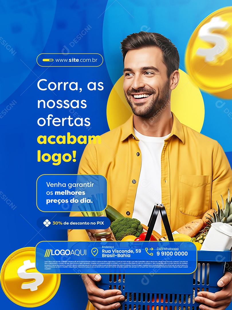 Supermercado Corra as Nossas Ofertas Social Media PSD Editável