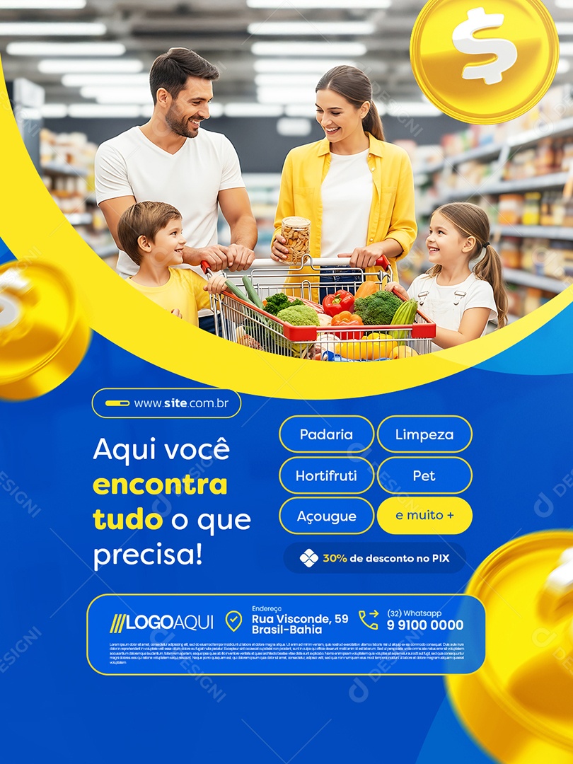 Supermercado Aqui Você Encontra Tudo Padaria Limpeza Hortifruti Açougue e Muito Mais Social Media PSD Editável