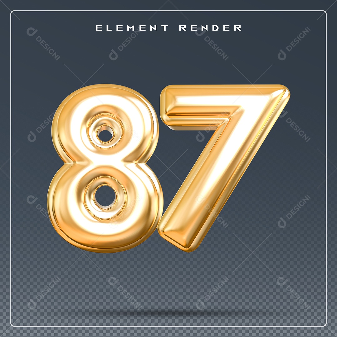 Elemento 3D Número 87 Dourado para Composição PSD