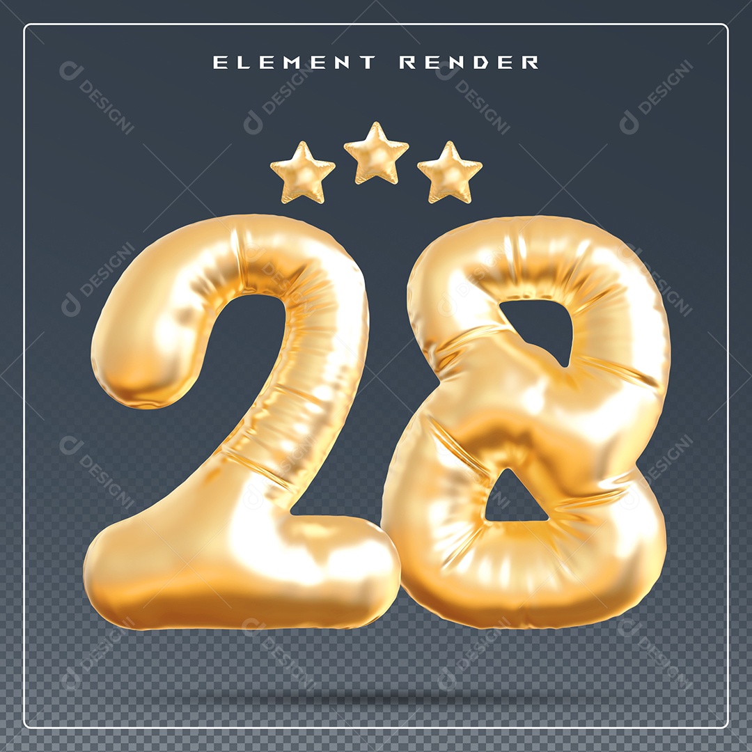 Elemento 3D Número 28 Dourado para Composição PSD