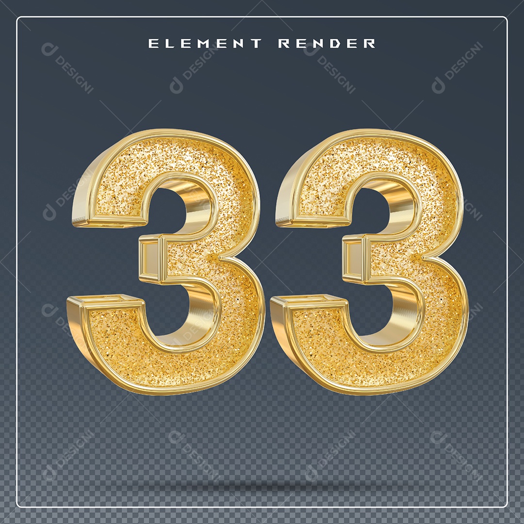Elemento 3D Número 33 Dourado para Composição PSD