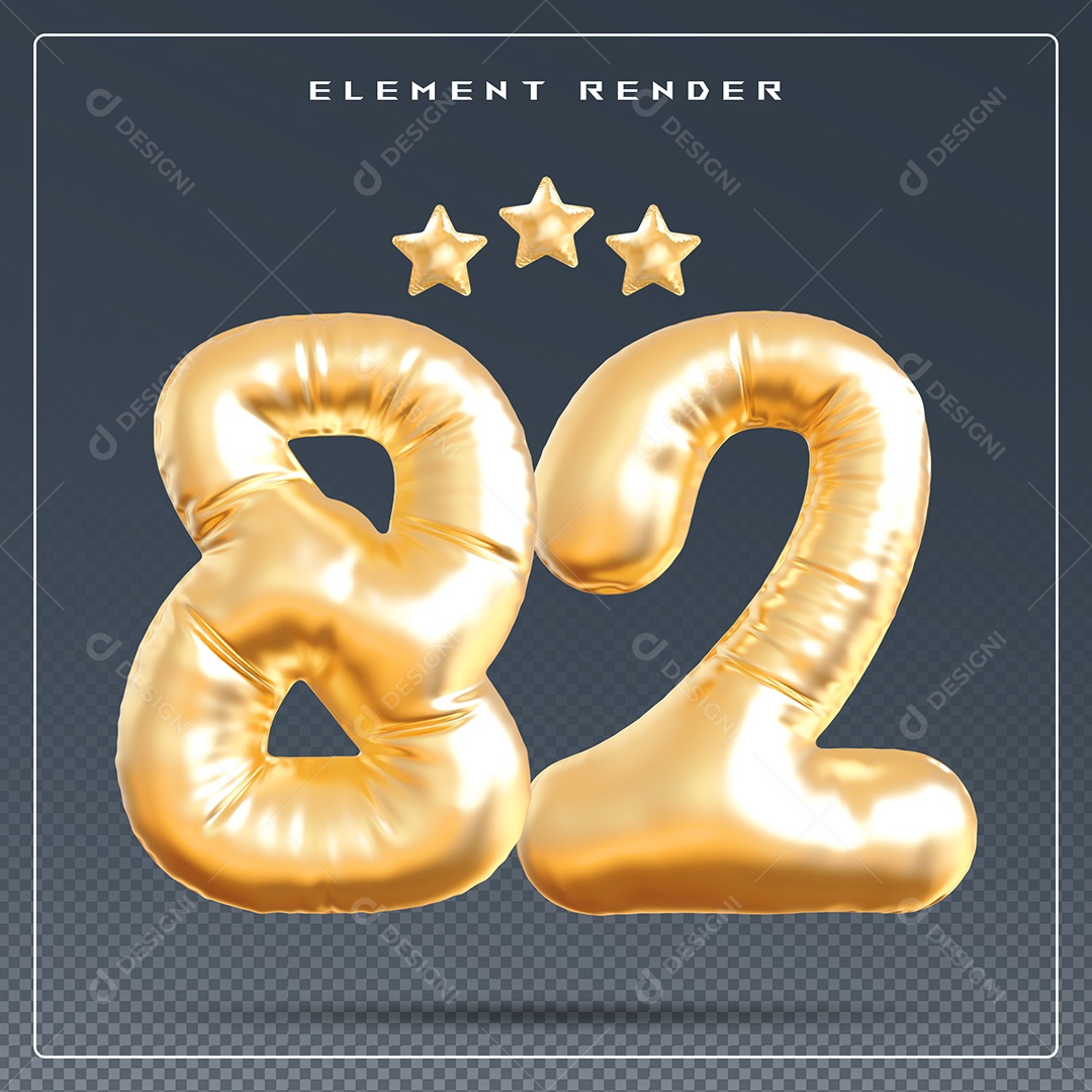 Elemento 3D Número 82 Dourado para Composição PSD