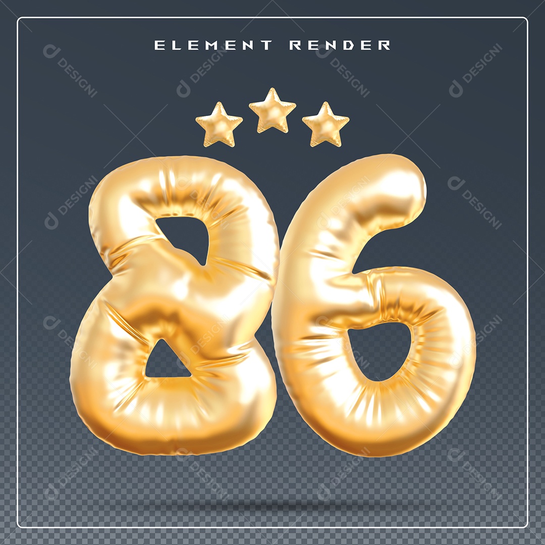 Elemento 3D Número 86 Dourado para Composição PSD