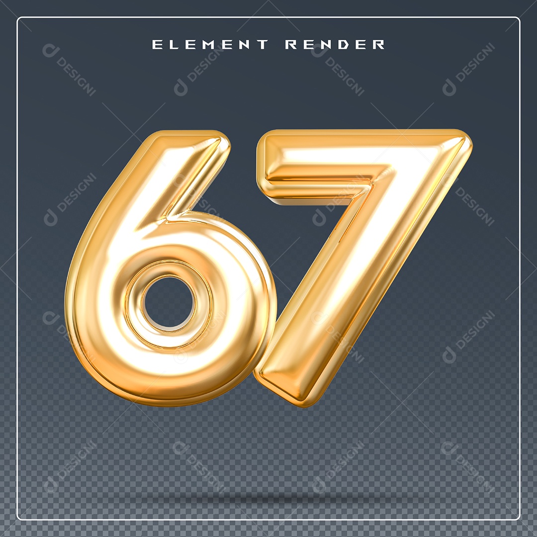 Elemento 3D Número 67 Dourado para Composição PSD