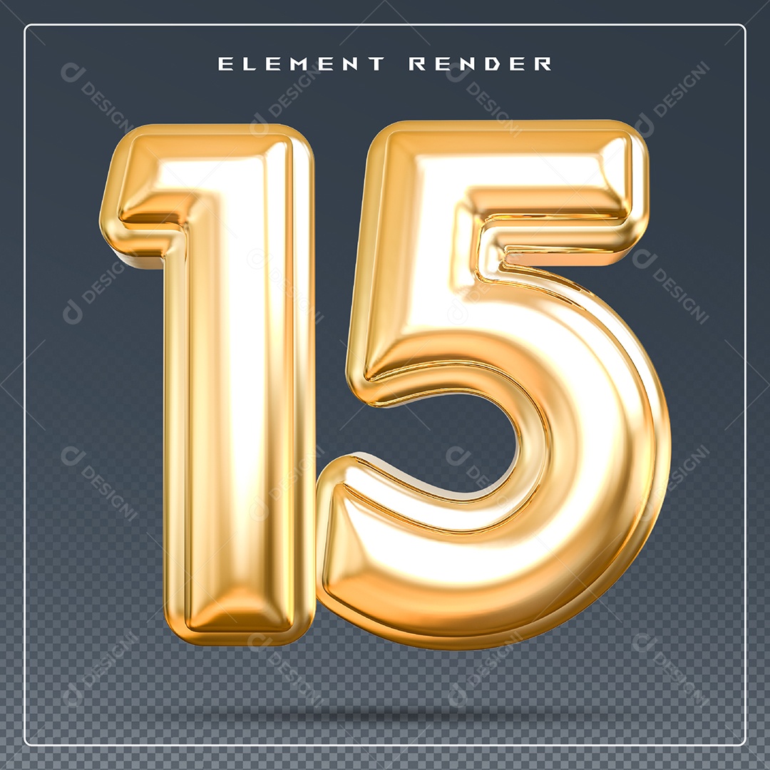 Elemento 3D Número 15 Dourado para Composição PSD