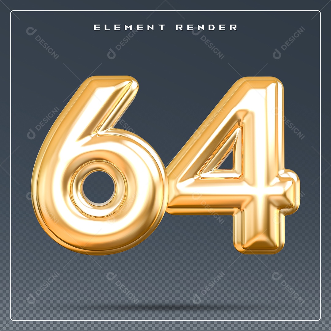 Elemento 3D Número 64 Dourado para Composição PSD