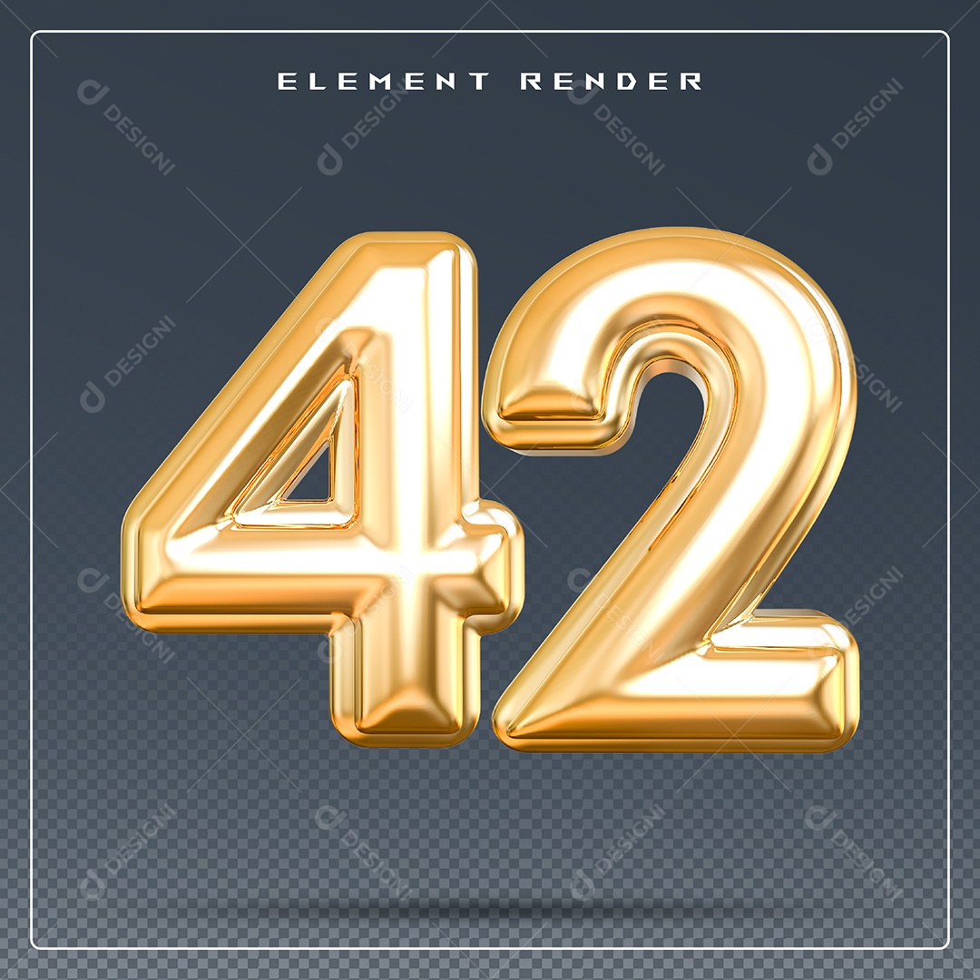 Elemento 3D Número 42 Dourado para Composição PSD