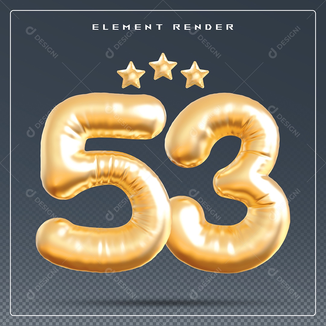 Elemento 3D Número 53 Dourado para Composição PSD
