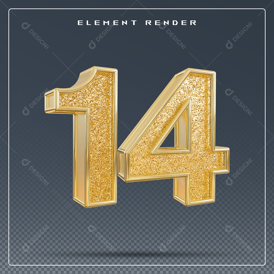 Elemento 3D Número 14 Dourado para Composição PSD
